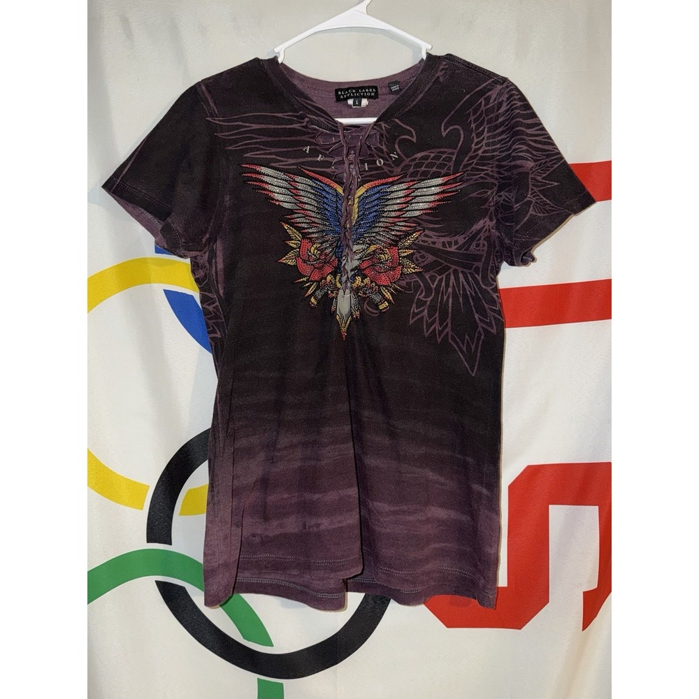 Black Label Affliction T Shirt Womens Large Rhinestones Cinched Y2K Grunge